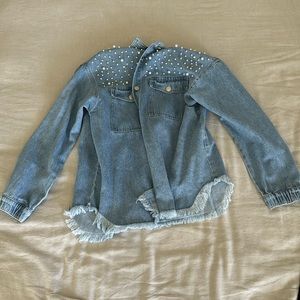 Denim jacket with pearl embellishments sz m